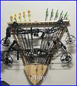 Rustic Wood Dual Compound Bow 12 Arrow Wall Rack Storage Home Hunting Gear Deer